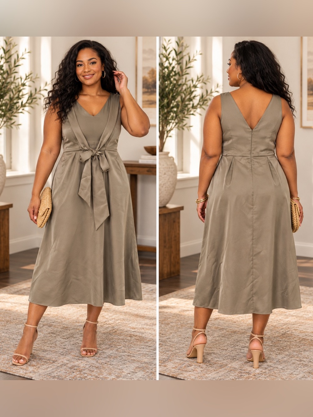CAARA Taupe Sleeveless Tie Waist Midi Dress Size M Minimalist